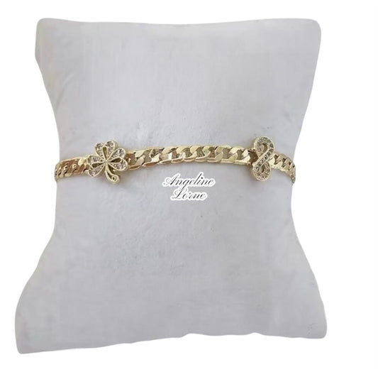 Pulsera mix cubana y balín fino, cruz laminado 14k